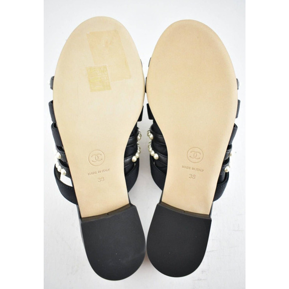 Chanel 20P Black White Pearl Strap CC Logo Slide Slip On Sandal Mule Flat 38 - Picture 9 of 9